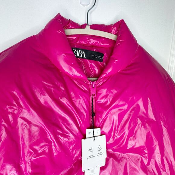 Zara Glossy Shiny Vinyl Puffer Jacket Hot Pink High Neck NEW Size Large L Baddie - Picture 7 of 16